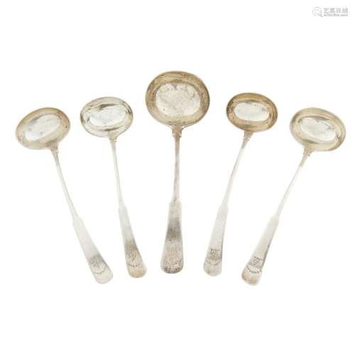 ABERDEEN - A GROUP OF FIVE SCOTTISH PROVINCIAL TODDY LADLES WILLIAM JAMIESON marked flower head, WJ,
