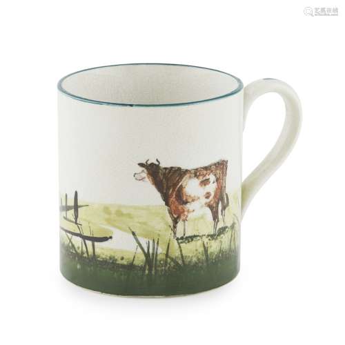 A SMALL WEMYSS WARE MUG 'COWS' PATTERN, EARLY 20TH CENTURY impressed mark WEMYSS, printed retailer's