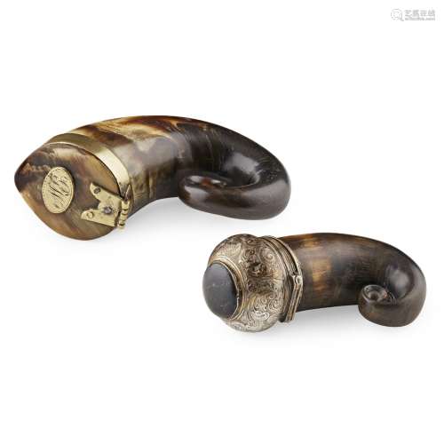 TWO SCOTTISH RAM'S HORN SNUFF MULLS 19TH CENTURY of natural curled form, the first with brass