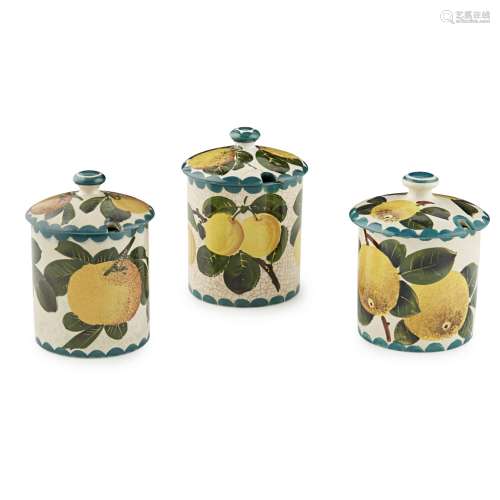 TWO WEMYSS WARE PRESERVE JARS AND COVERS 'ORANGES' AND 'YELLOW PLUMS' PATTERNS, EARLY 20TH CENTURY