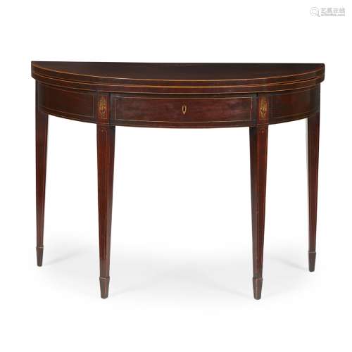 A SCOTTISH GEORGE III MAHOGANY INLAID DEMI-LUNE TEA TABLE LATE 18TH CENTURY the banded top centred