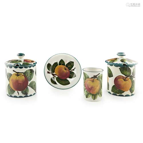 A GROUP OF WEMYSS WARE 'APPLES' PATTERN, EARLY 20TH CENTURY comprising TWO PRESERVE JARS AND COVERS,