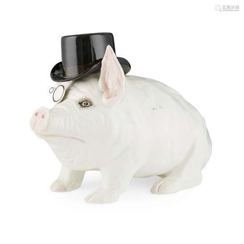 A LARGE AND RARE WEMYSS WARE PIG CIRCA 1900 covered in a white glaze, with applied top hat and