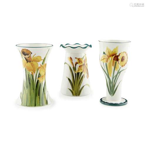 THREE WEMYSS WARE VASES EARLY 20TH CENTURY comprising a 'DAFFODILS' MAY VASE, decorated by Edwin