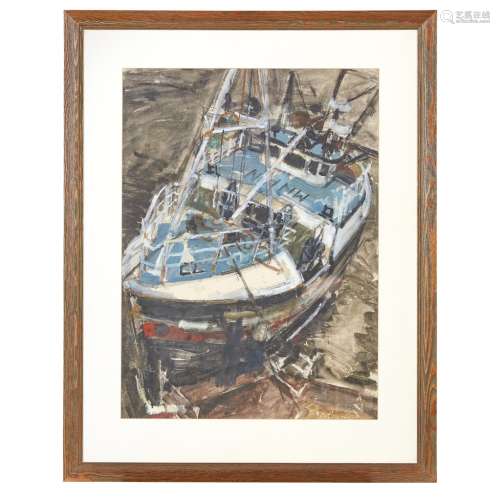 [§] MARK SCADDING (B. 1967) FISHING BOAT Watercolour 76cm x 55cm Note: These model ships (Lots 197-