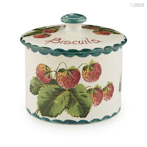 A WEMYSS WARE BISCUIT BARREL 'STRAWBERRIES' PATTERN, EARLY 20TH CENTURY bearing inscription