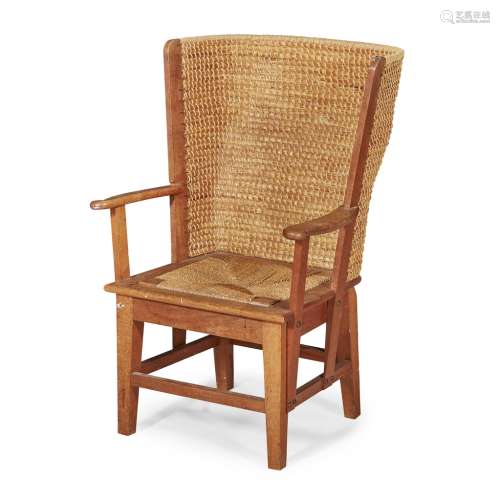 A CHILD'S OAK-FRAMED ORKNEY CHAIR EARLY 20TH CENTURY the curved woven straw back above open arms and