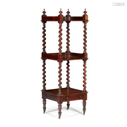 AN EARLY VICTORIAN SCOTTISH ROSEWOOD ÉTAGÈRE CIRCA 1830 with three tiers, each supported by barley-