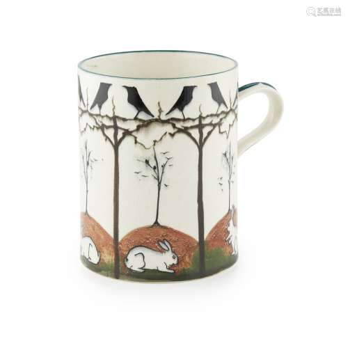 A LARGE WEMYSS WARE 'EARLSHALL' MUG EARLY 20TH CENTURY decorated with rabbits and crows in a