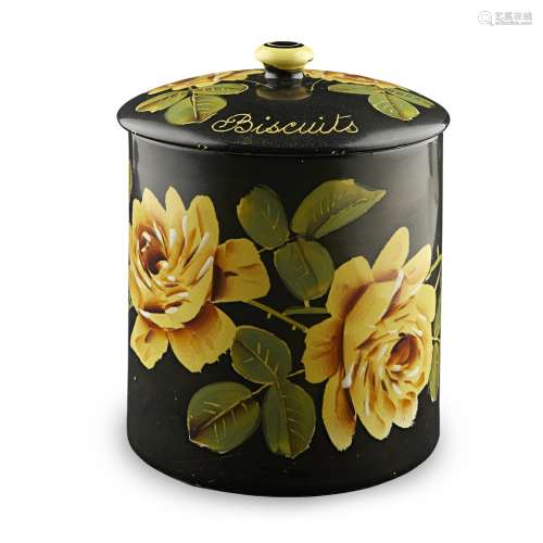 A WEMYSS WARE BISCUIT BARREL AND COVER 'YELLOW ROSES' PATTERN, EARLY 20TH CENTURY decorated on a