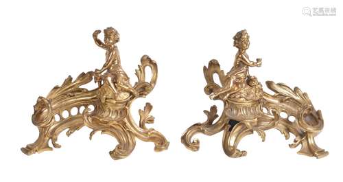 A pair of gilt bronze figural chenets in Louis XV taste