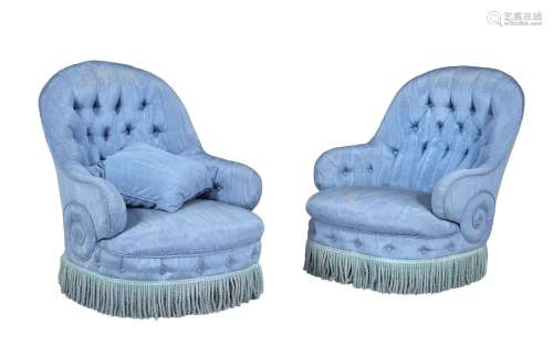 A pair of Victorian walnut and blue watered silk upholstered nursing chairs