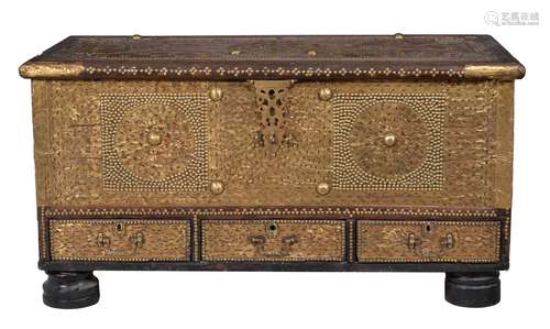 A Zanzibar metal mounted and studded hardwood coffer