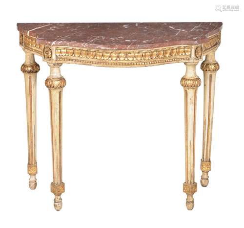 A Continental cream painted and parcel gilt console table