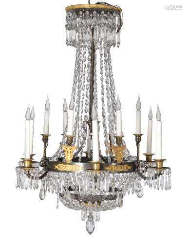 A Continental patinated and parcel gilt metal and cut glass hung twelve light chandelier in Restaura