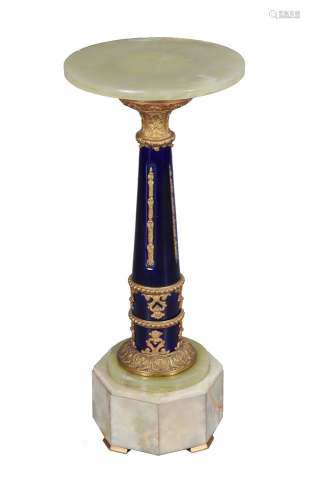 A French green onyx, gilt metal and blue glazed ceramic mounted pedestal