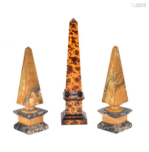 A pair of convent Siena and Portoro marble models of obelisks