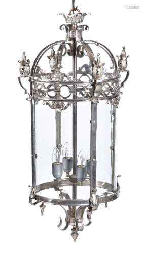 A silver coloured metal and glazed cylindrical hall lantern