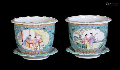 A pair of Chinese turquoise-ground 'Famille Rose' jardinières and stands