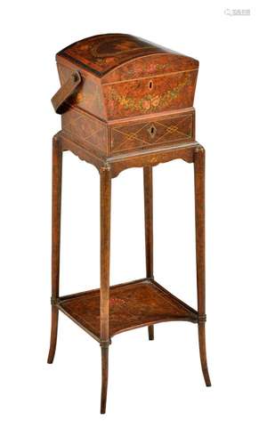 ϒ A Sheraton Revival burr yew, tulipwood, and rosewood banded lady’s work box on stand