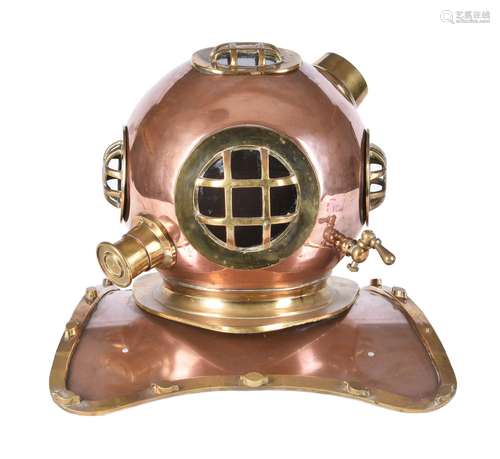 A copper and brass mounted model of a vintage diving helmet in early 20th century style