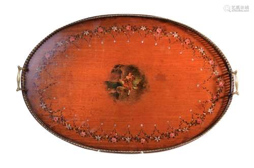 A Sheraton style gilt metal mounted and polychrome painted satinwood twin handled tray