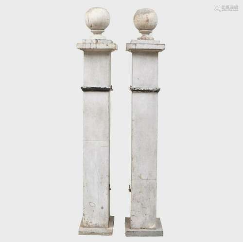 Pair of White Painted Gate Posts with Ball Finials