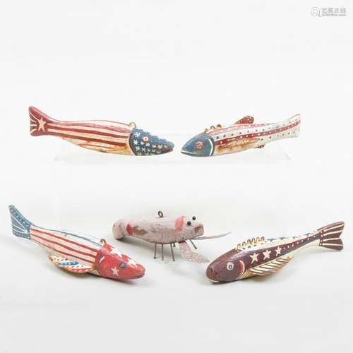 Group of Five American Painted Wood Fish Lures