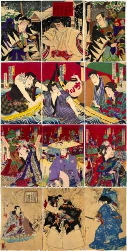 Group of Kabuki Triptychs including Kunichika.