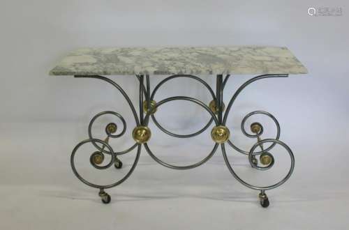 Antique Steel , Brass And Marbletop Bakers Table .