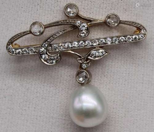 JEWELRY. Art Nouveau 18kt Gold, Diamond, and Pearl