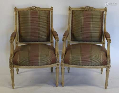 Pair of Finely Carved Louis XVI Style Arm Chairs.