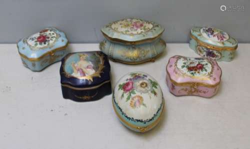 Limoges Porcelain Boxes Grouping of Five and One