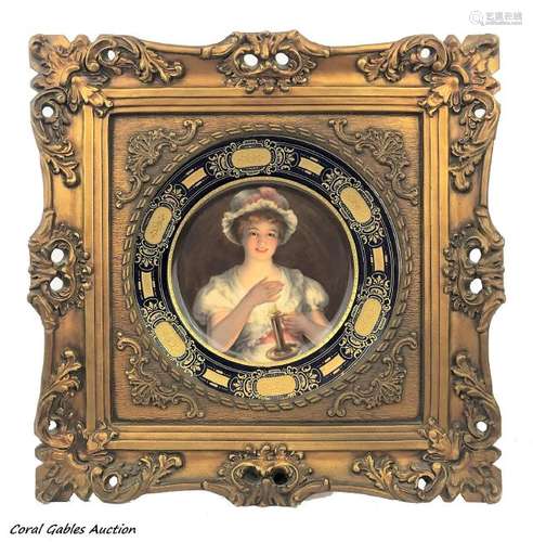 Royal Vienna plate with wooden frame.