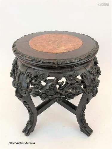 Chinese, Carved Wood and Marble Top Stand.