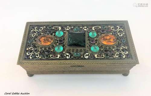 Antique bronze box with enamel and semiprecious stones.