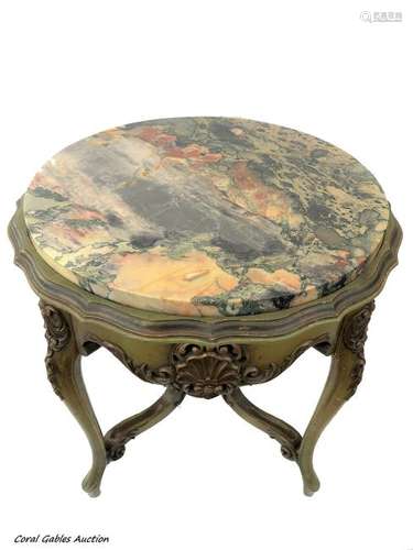 Wooden table and has marble on top