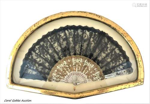 Antique hand painted fan with mother pearl and wood