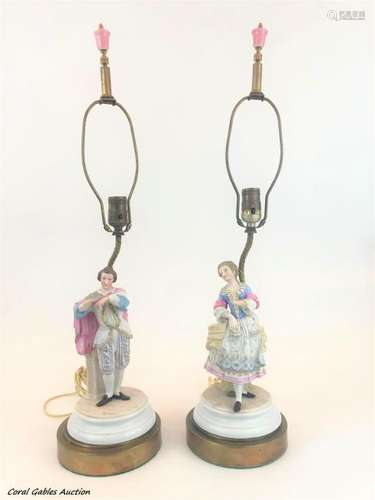 Pair of biscuit figures lamps