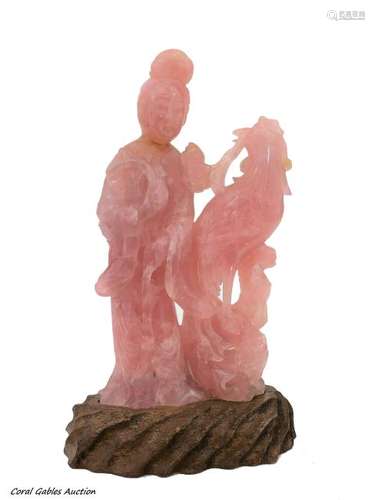 Chinese Carved Pink Rose Quartz Figural Sculpture