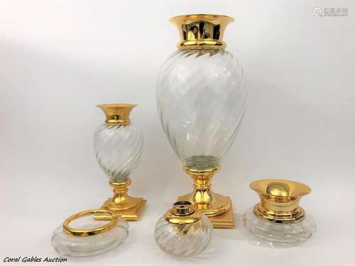 Set of five pieces of glass and metal gold of the 20th