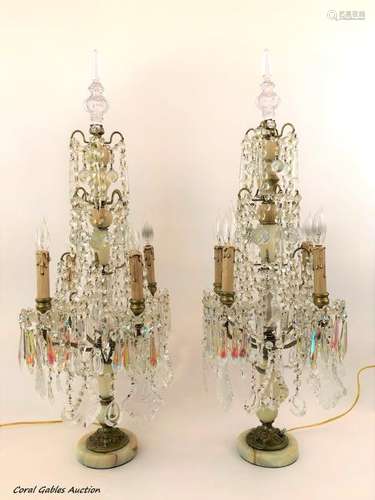 Two Continental Gilt Bronze Crystal Girandole Lamps