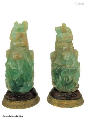 Pair Antique Chinese Carved Green Quartz Lamps