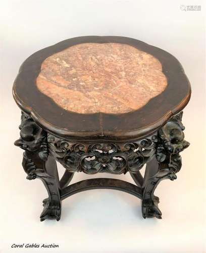 Chinese, Carved Wood and Marble Top Stand.