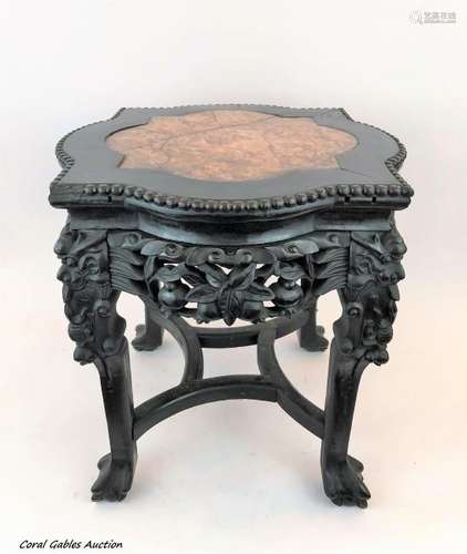 Chinese, Carved Wood and Marble Top Stand.