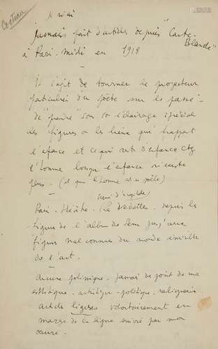 COCTEAU (Jean). Notes autographes fournies pour un…