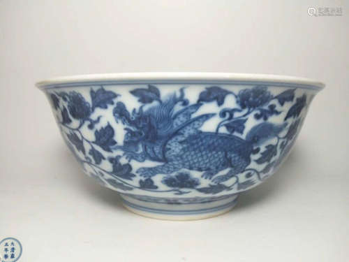 A YONGZHENG MARK BULE & WHITE BOWL WITH QILIN PAINTED