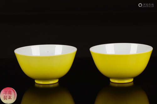 A PAIR OF YONGZHENG MARK YELLOW GLAZE BOWL PAINTED PLANT PATTERN