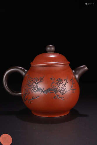 A YIXING ZI SHA TEAPOT IN SHAPE OF PEAR CARVED IN PLUM TREE