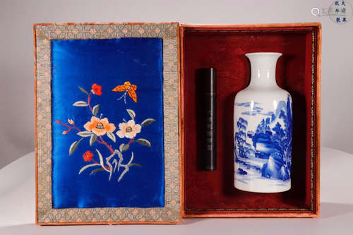 A KANGXI MARK BLUE AND WHITE VASE AND A POETRY SHEET